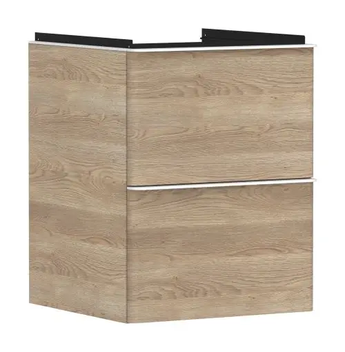 Holzfarbener Waschtischunterschrank von Hansgrohe mit zwei Schubkästen, geeignet für ein Handwaschbecken, mit klaren Linien und einfacher Formgebung.